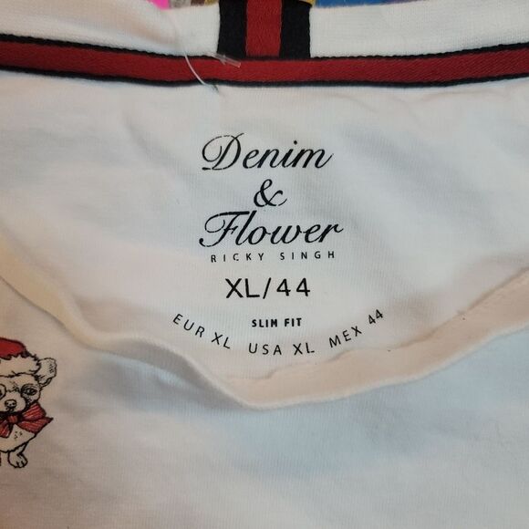 Denim & Flower Ricky Singh XL Slim Fit t-shirt - white w Christmas dog print - Picture 4 of 8